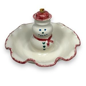 VTG ‘91 STUDIO POTTERY, SNOWMAN, ARTIST SIGNED, Candle Stick Holder/ Candy Dish
